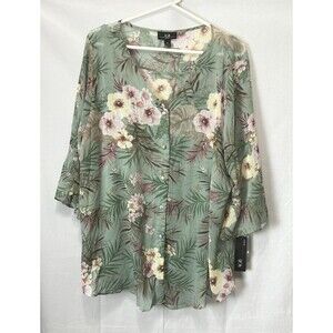 AGB Womens 2X Green Floral Bell Sleeve Top Lined With‎ Tank Top NWT